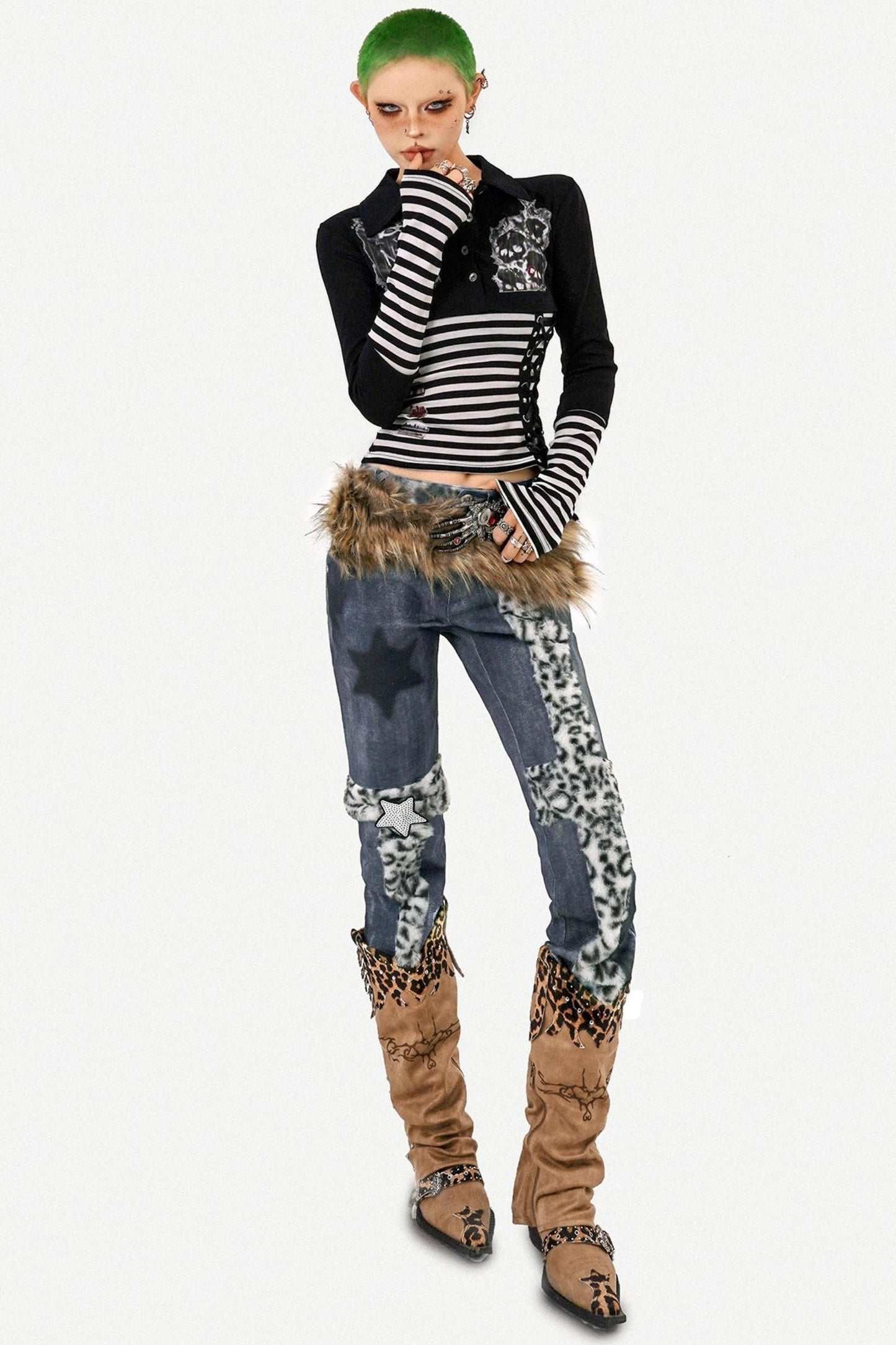 Light Punk Striped Patchwork Long Sleeve T-Shirt