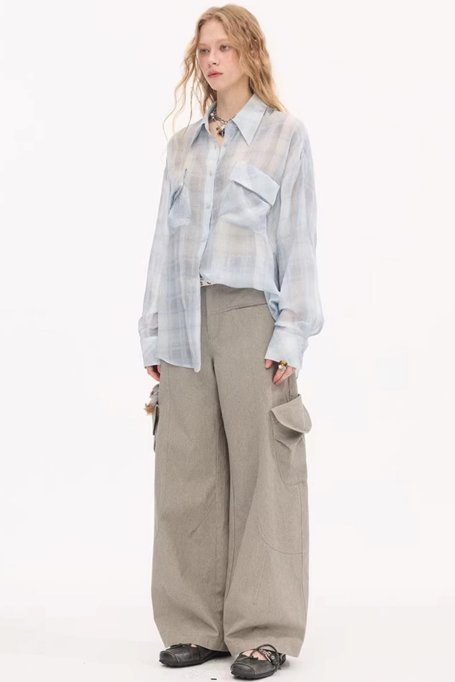 Plaid Lantern Sleeve Blouse