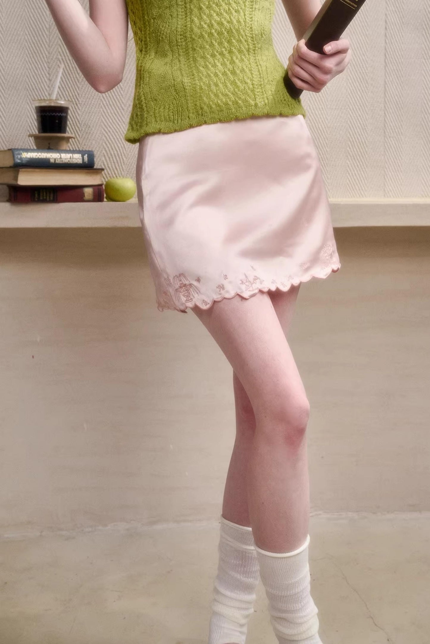 Mint Embroidered Satin Skirt