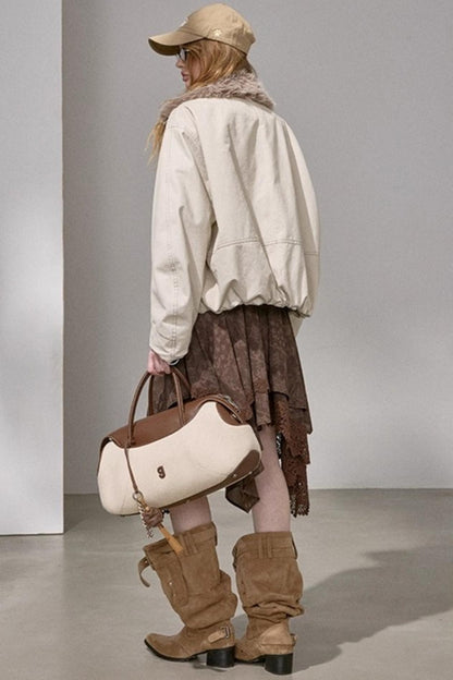 Curved Sleeve Fur Collar Jacket