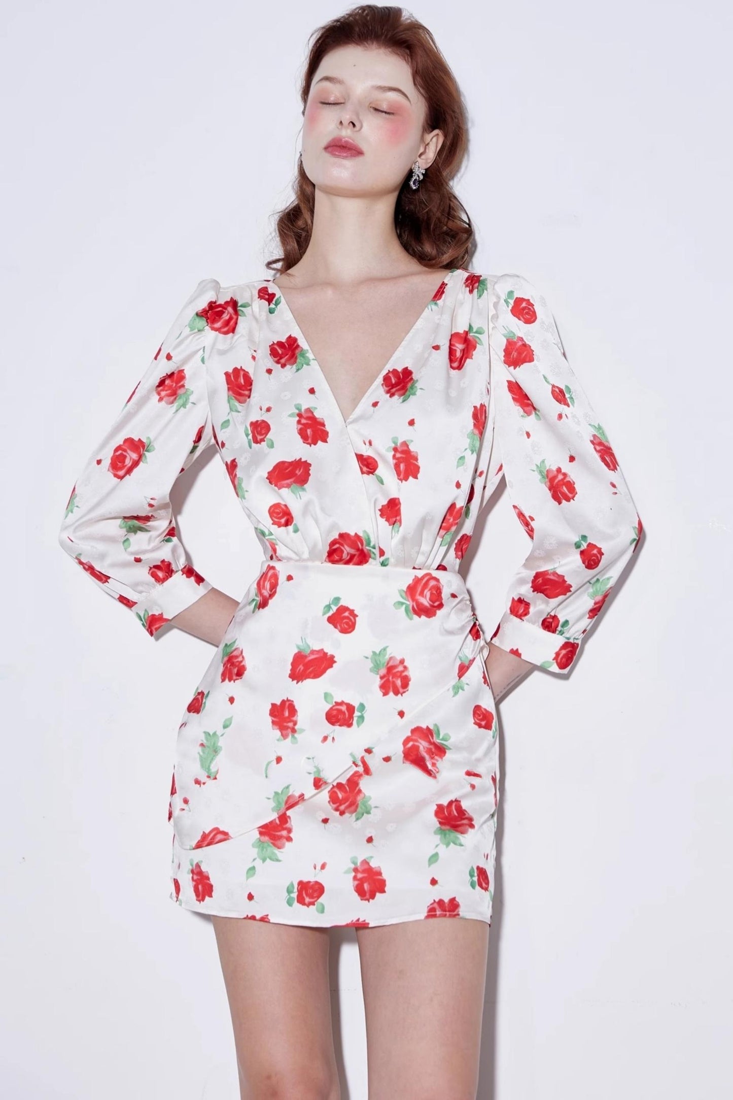 Satin Rose Jacquard V-Neck Dress