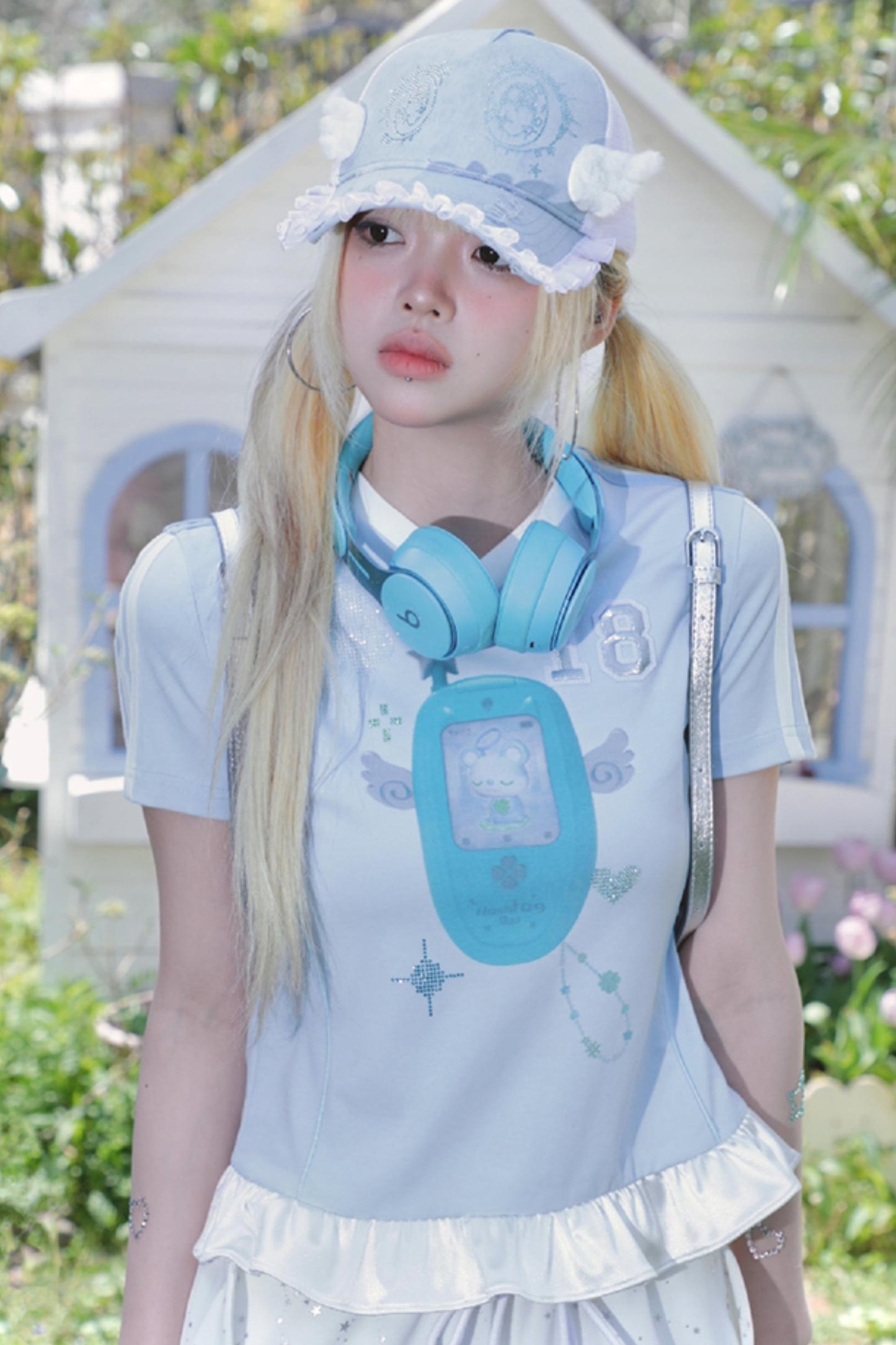 Blue Ruffle V-Neck Tee