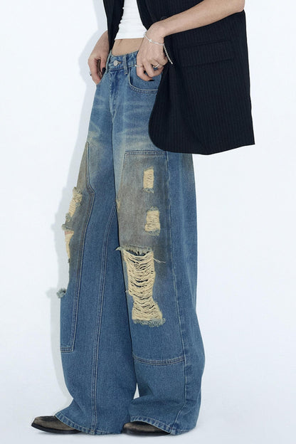 Deconstructed Distressed Wide-Leg Jeans