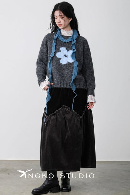 Gray Coffee Spliced Corduroy Skirt