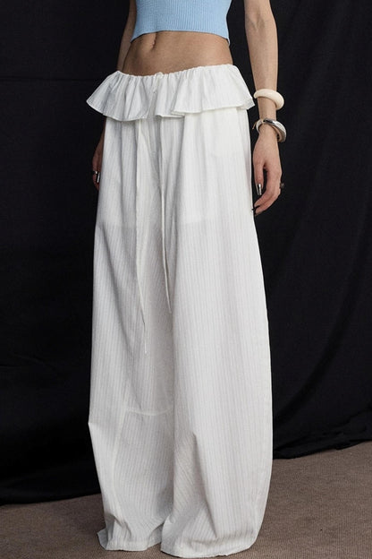 White Lace Drawstring Wide-Leg Pants