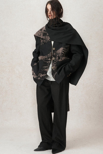 Velvet Panel V-neck Coat With Scarf Set-Up