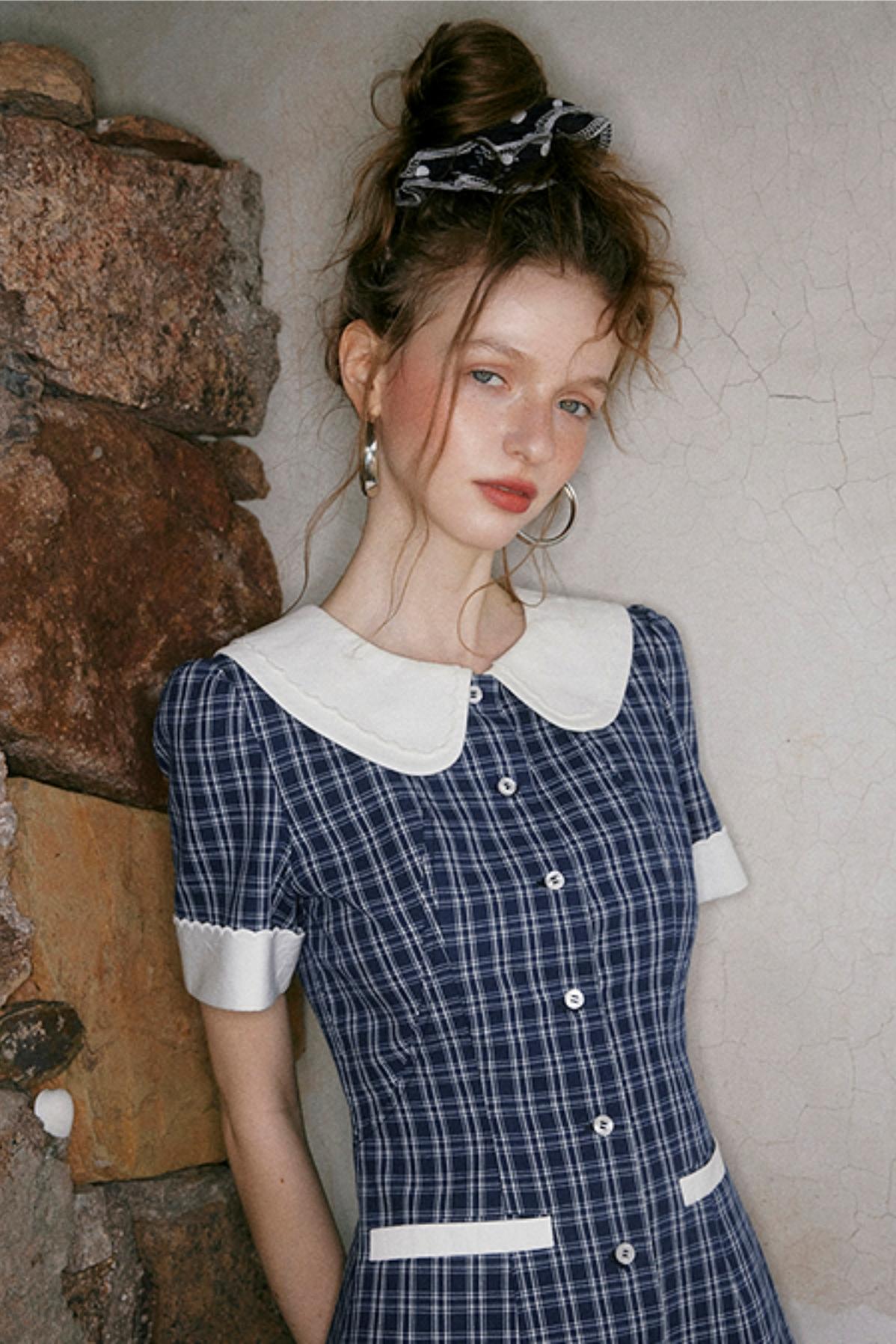 Navy A-Line Doll Neck Dress