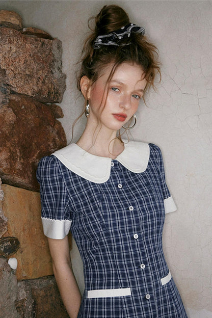 Navy A-Line Doll Neck Dress