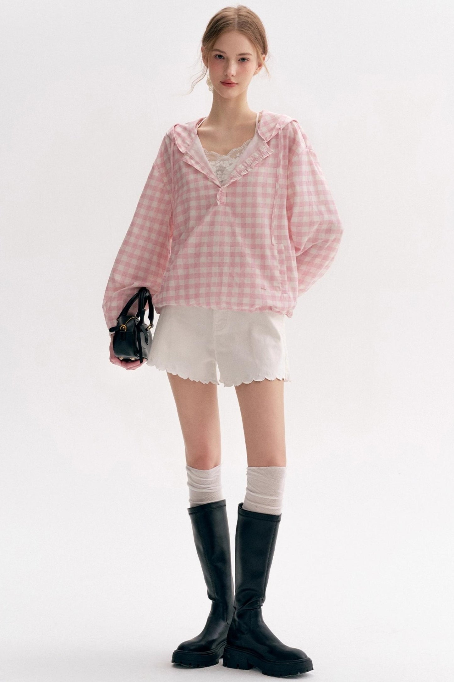 Cream Pink Plaid Lace Hooded Pullover Top