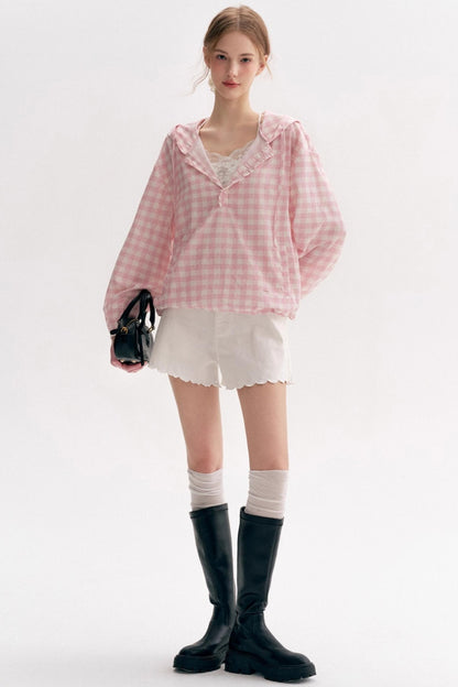 Cream Pink Plaid Lace Hooded Pullover Top