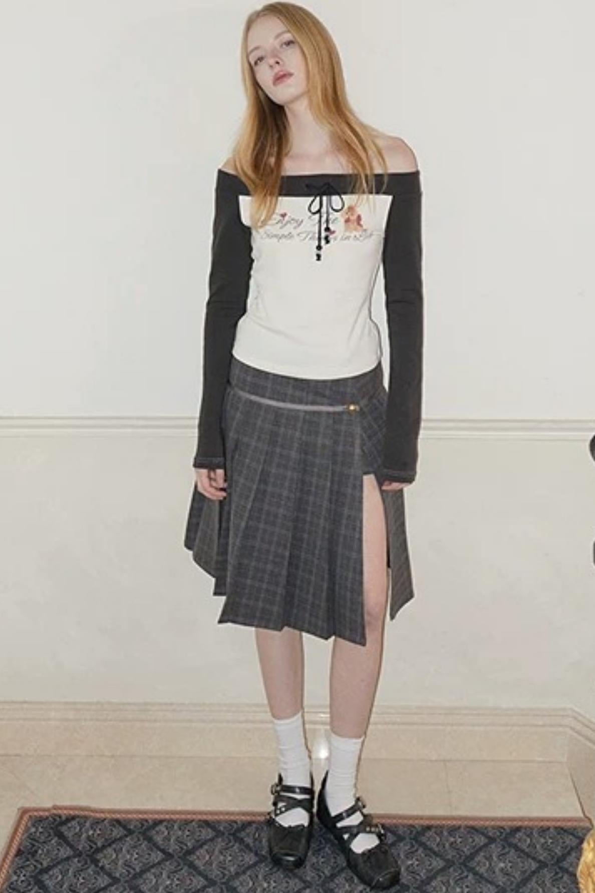 Gray Plaid Pleated Skirt Set