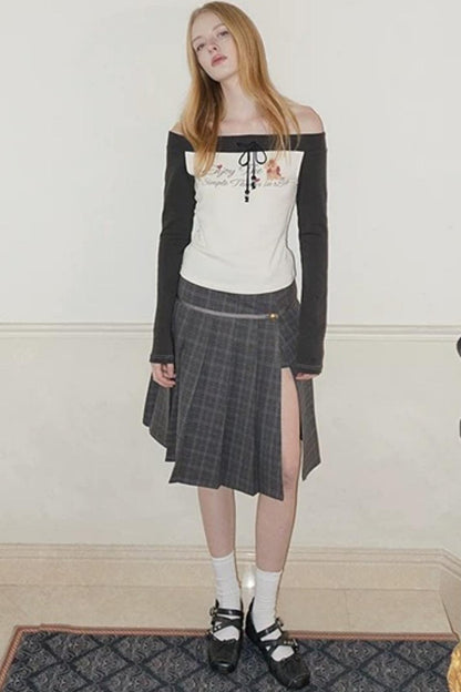 Gray Plaid Pleated Skirt Set