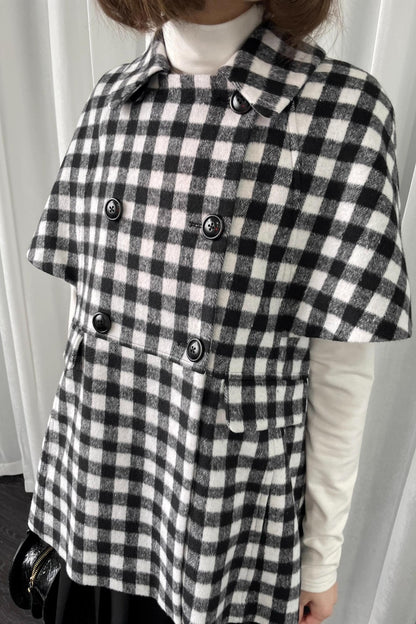 Black Plaid Lapel Woolen Coat
