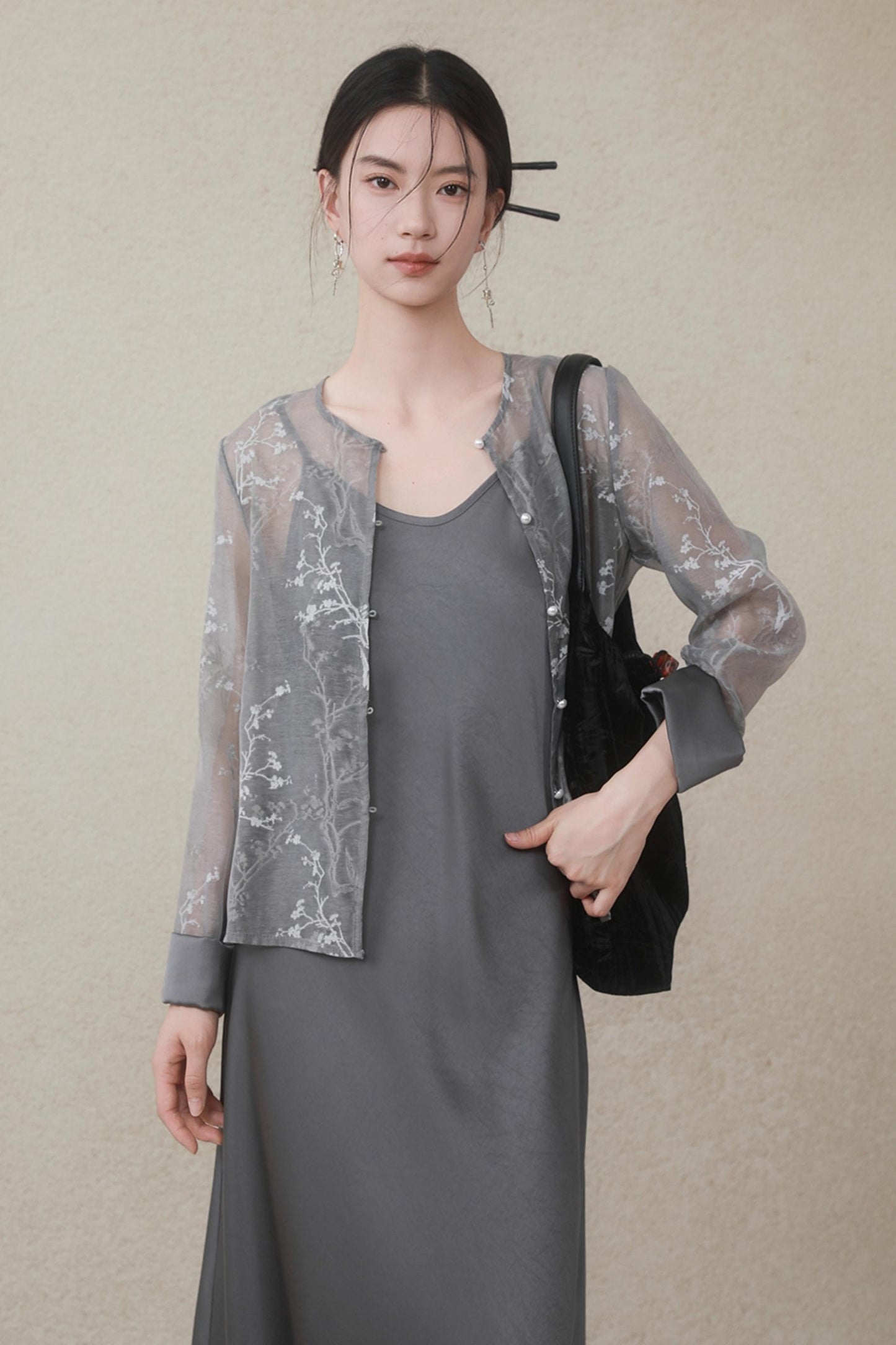 Plum Blossom Cardigan & Satin Dress Set