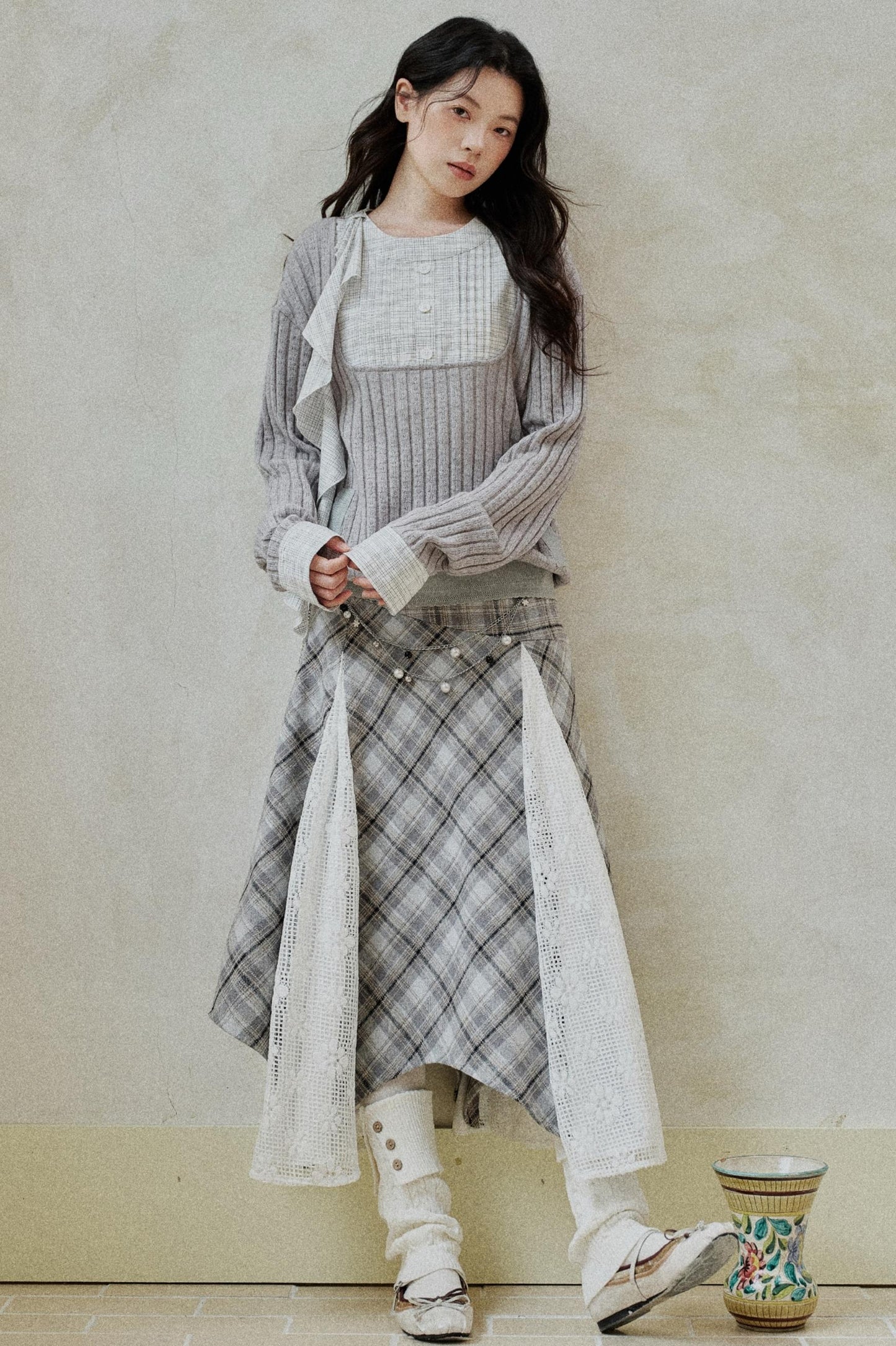 Gray Patchwork Ruffled Knitted Top