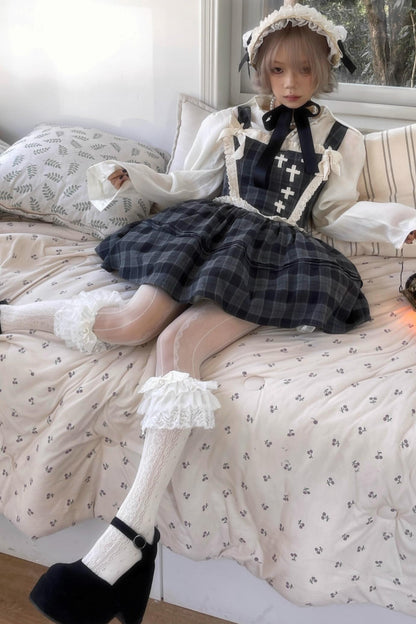 Gray Plaid Waist Cinched Herringbone Lace Bow Tie Dress Set-Up