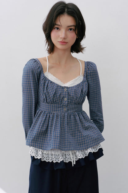 Vintage Navy Blue Check Cinched Shirt