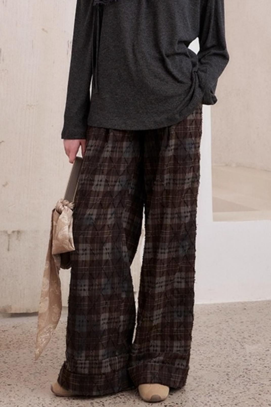 Textured Loose Plaid Trousers