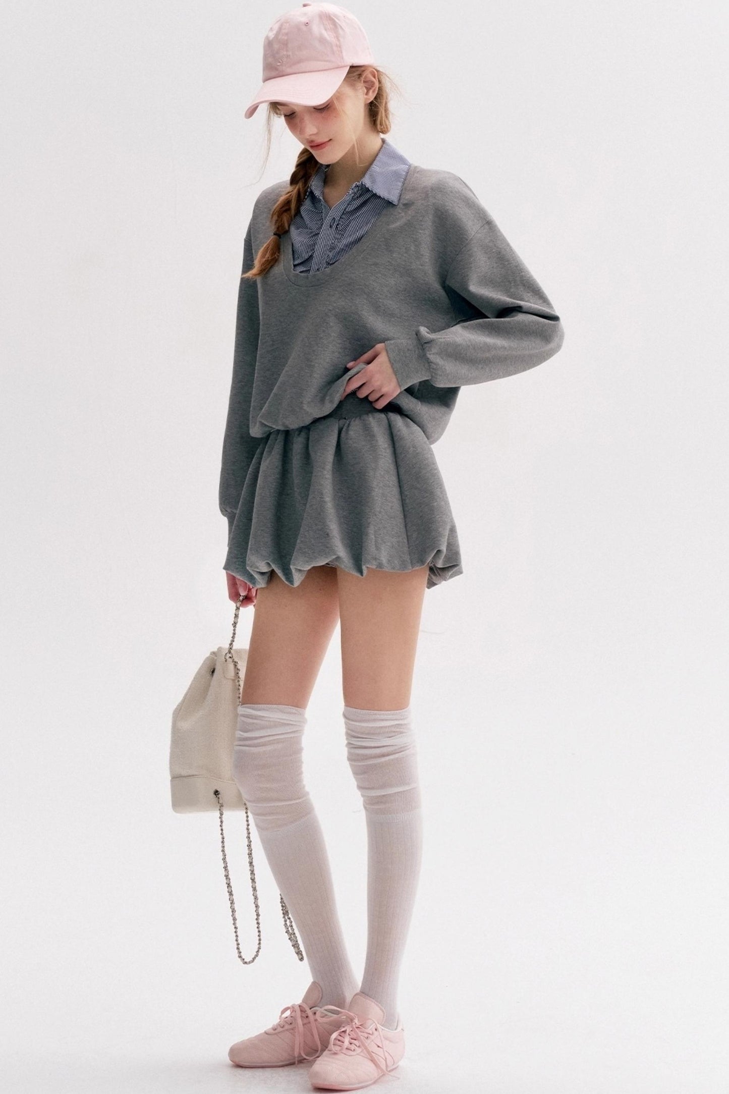 Lazy Casual Check Puffy Skirt Set-Up