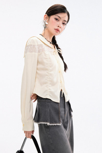 Apricot Yellow Lace Panelled Shirt