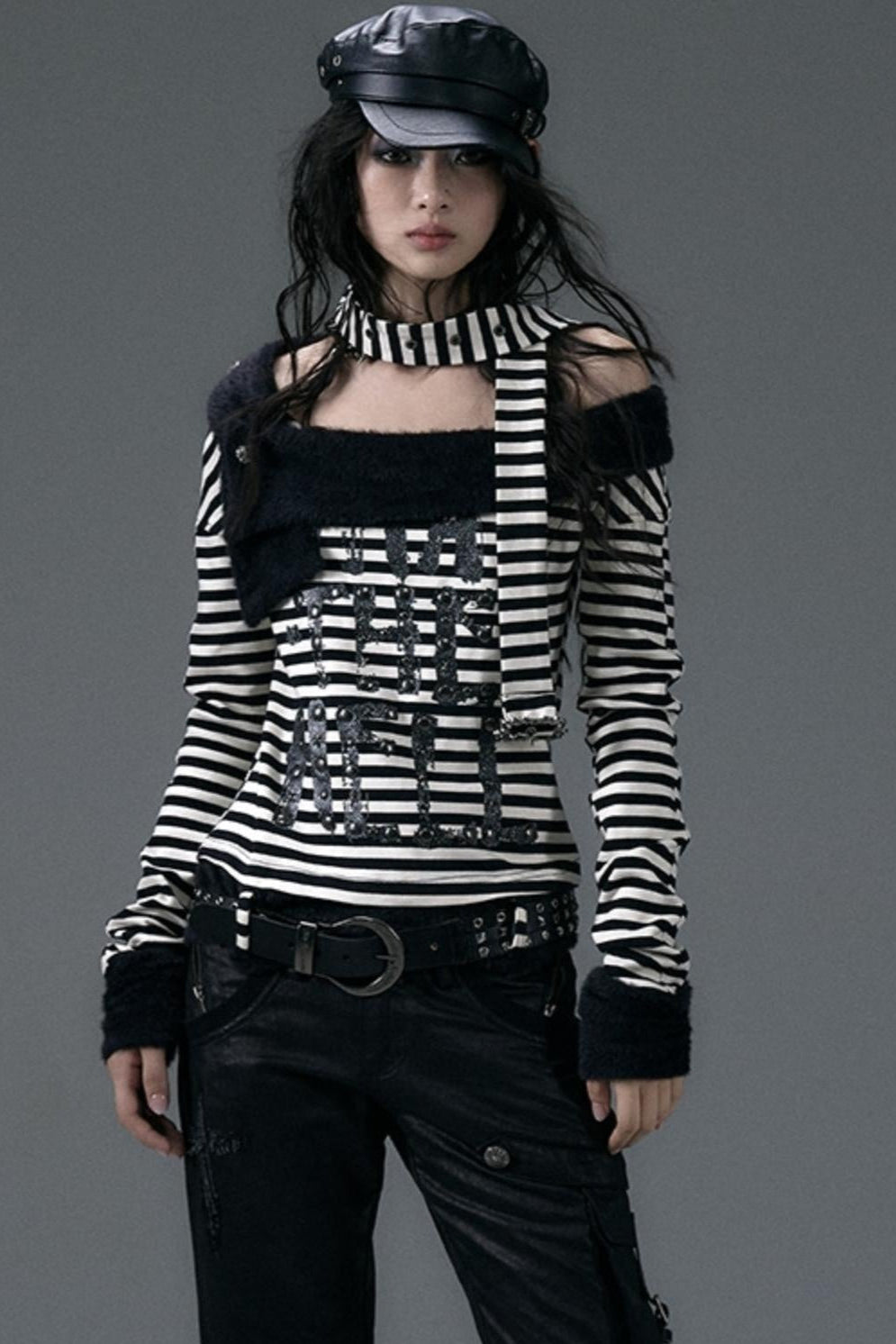 Diagonal Stripe Punk Long-Sleeve Top