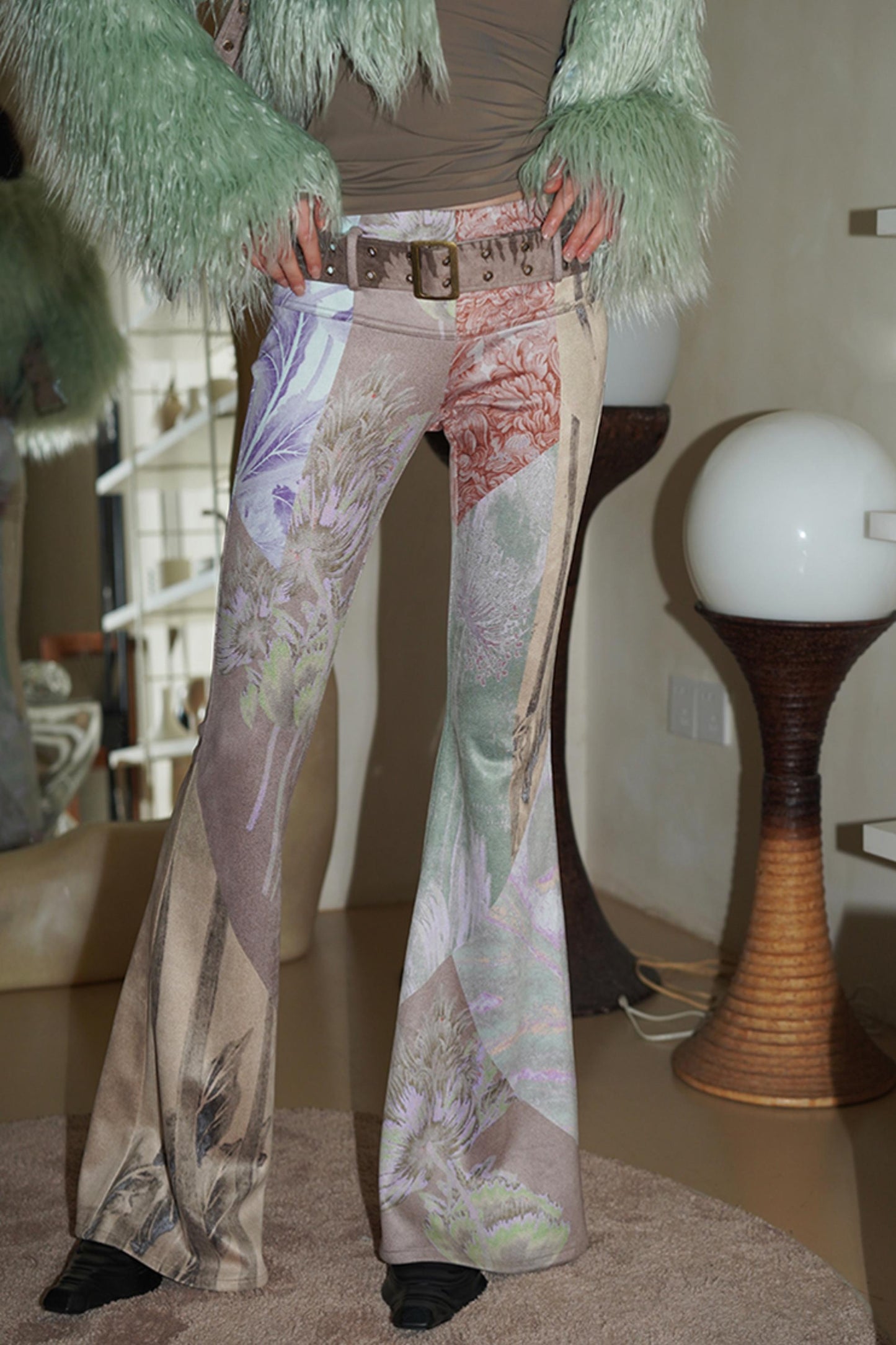 Vintage Print Suede Flared Pants