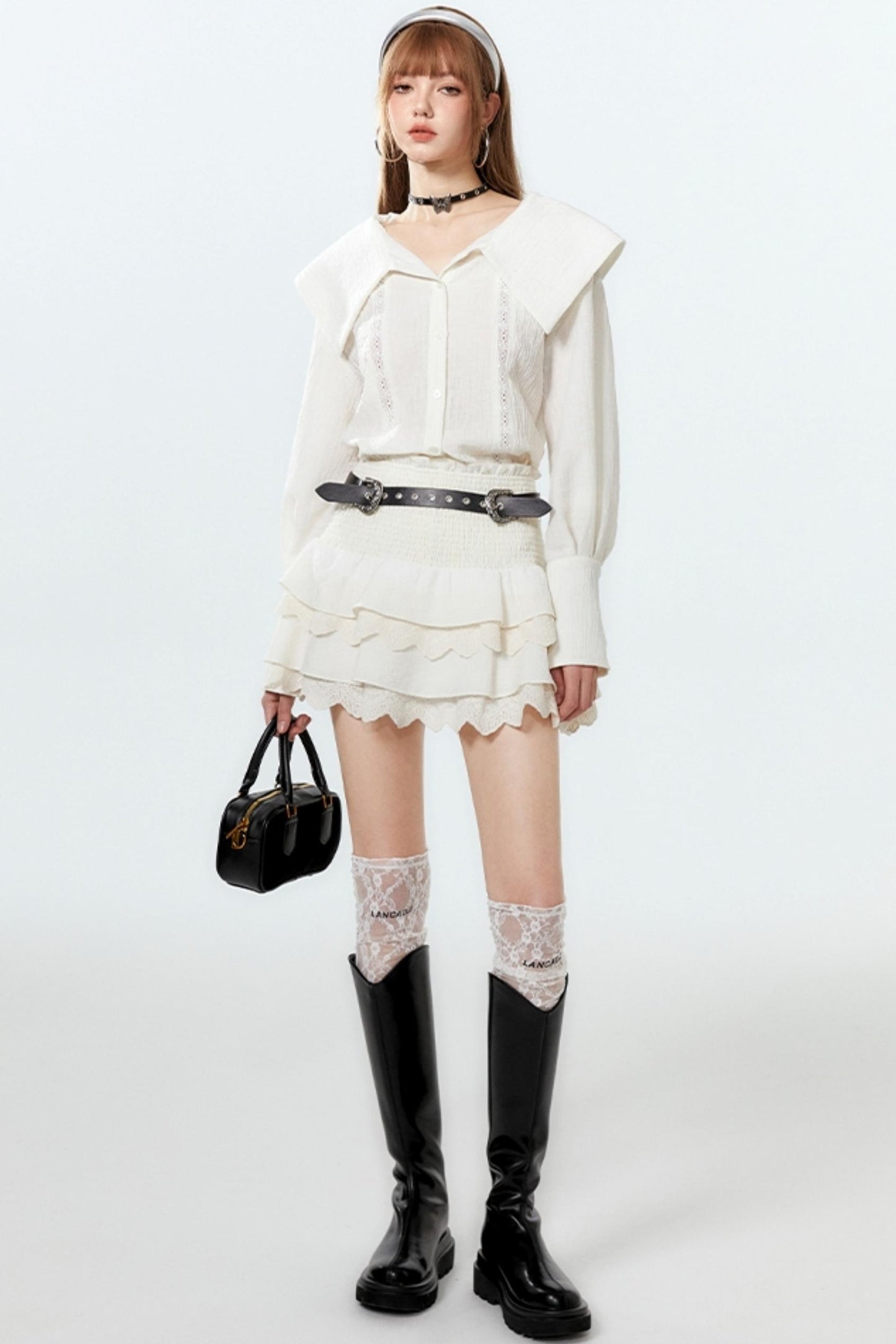 Sheer Lace Big-Collar Mint Blouse