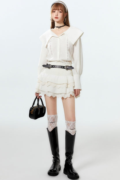 Sheer Lace Big-Collar Mint Blouse