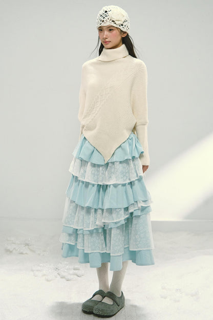 Mint Blue Lace Patchwork Puffy Skirt