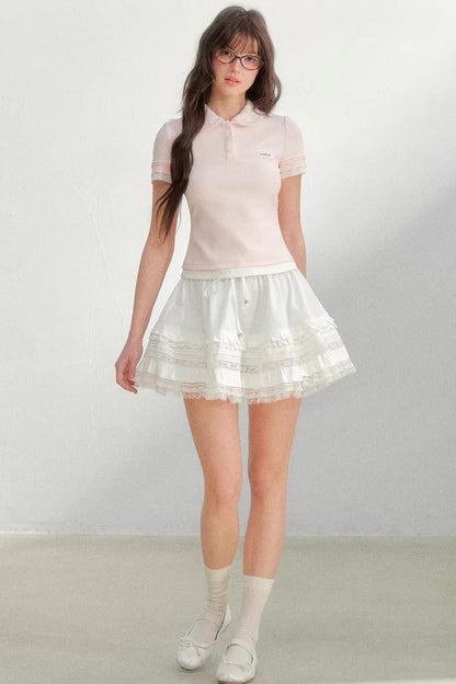 Embroidered Collar Pink Polo Shirt