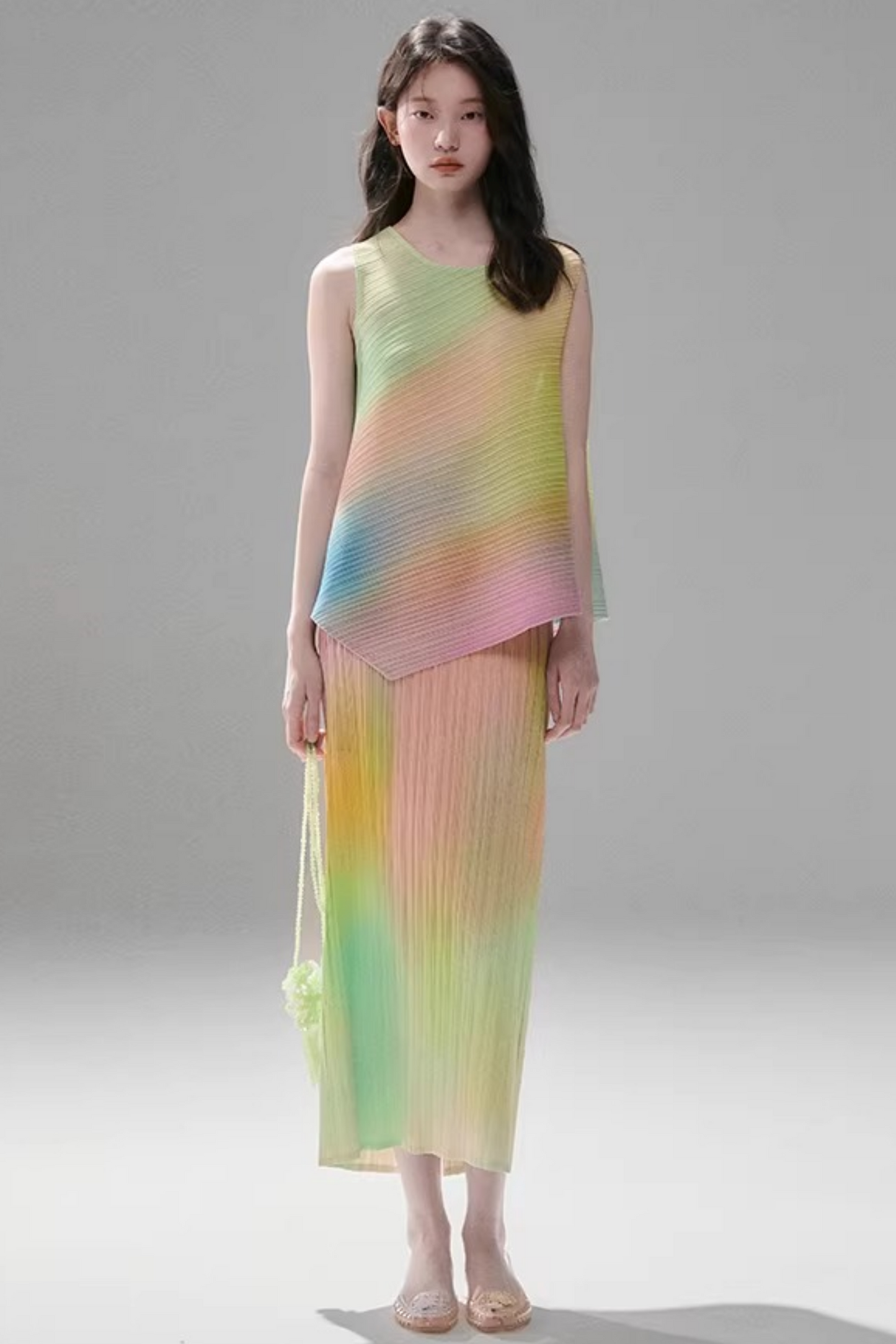 Rainbow Gradient Pleated Vest Set-Up