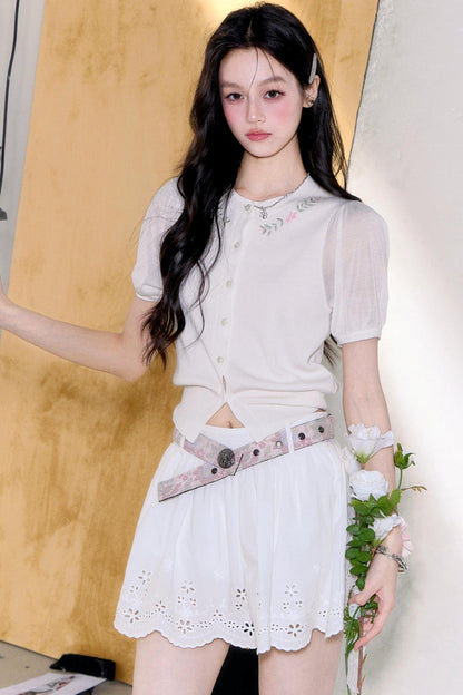 Embroidered Knit Cardigan Top Set-Up