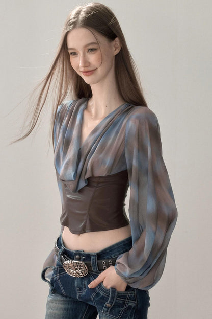 Waist-Cinching Printed Chiffon Shirt