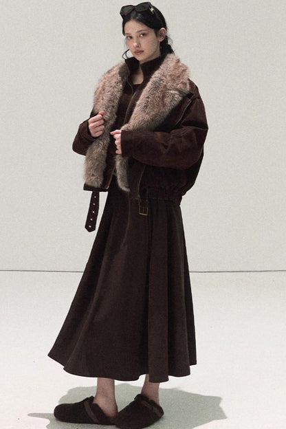 Micro-Velvet Pleated A-Line Skirt