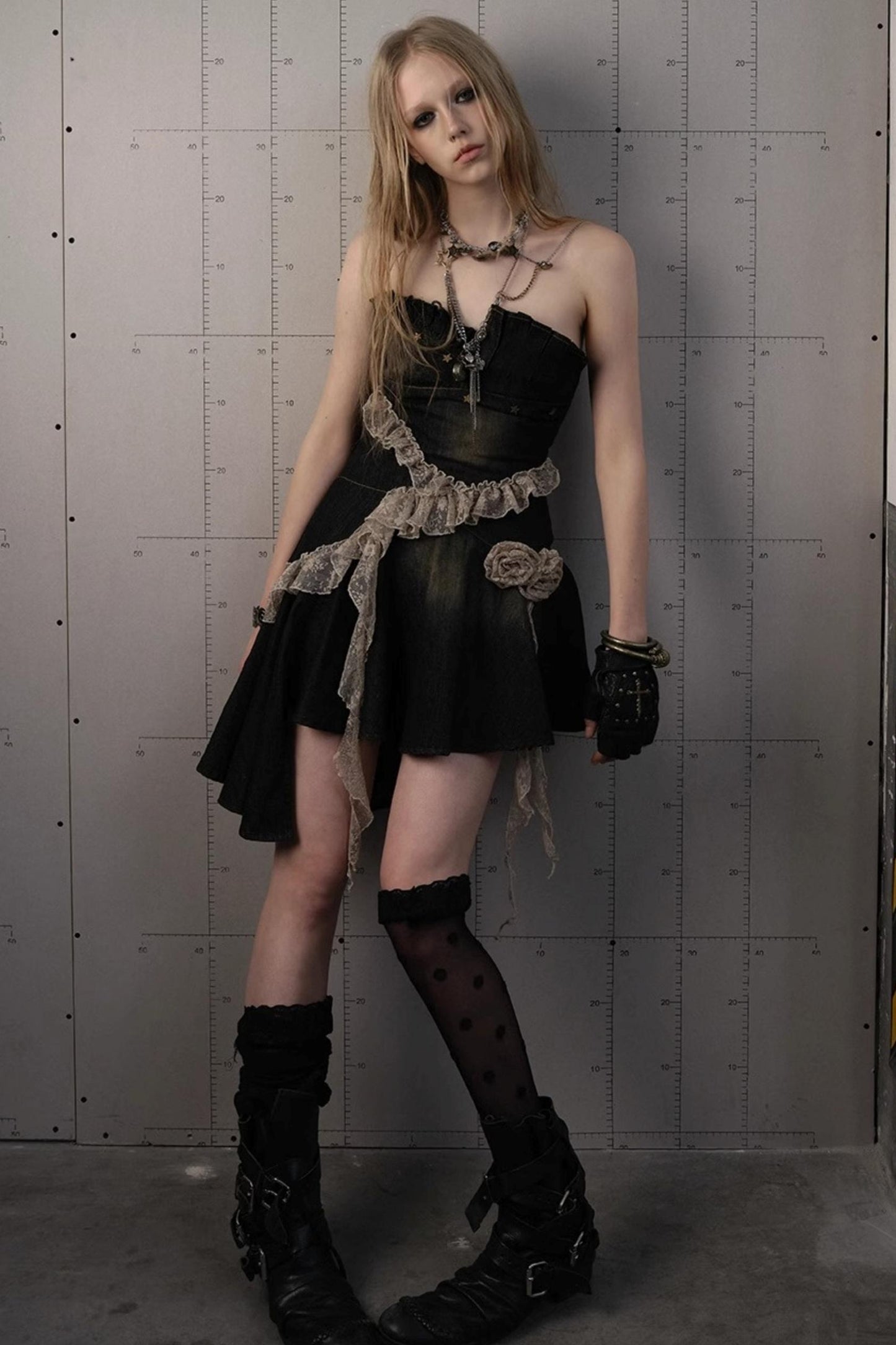 Vintage Black Lace Denim Dress