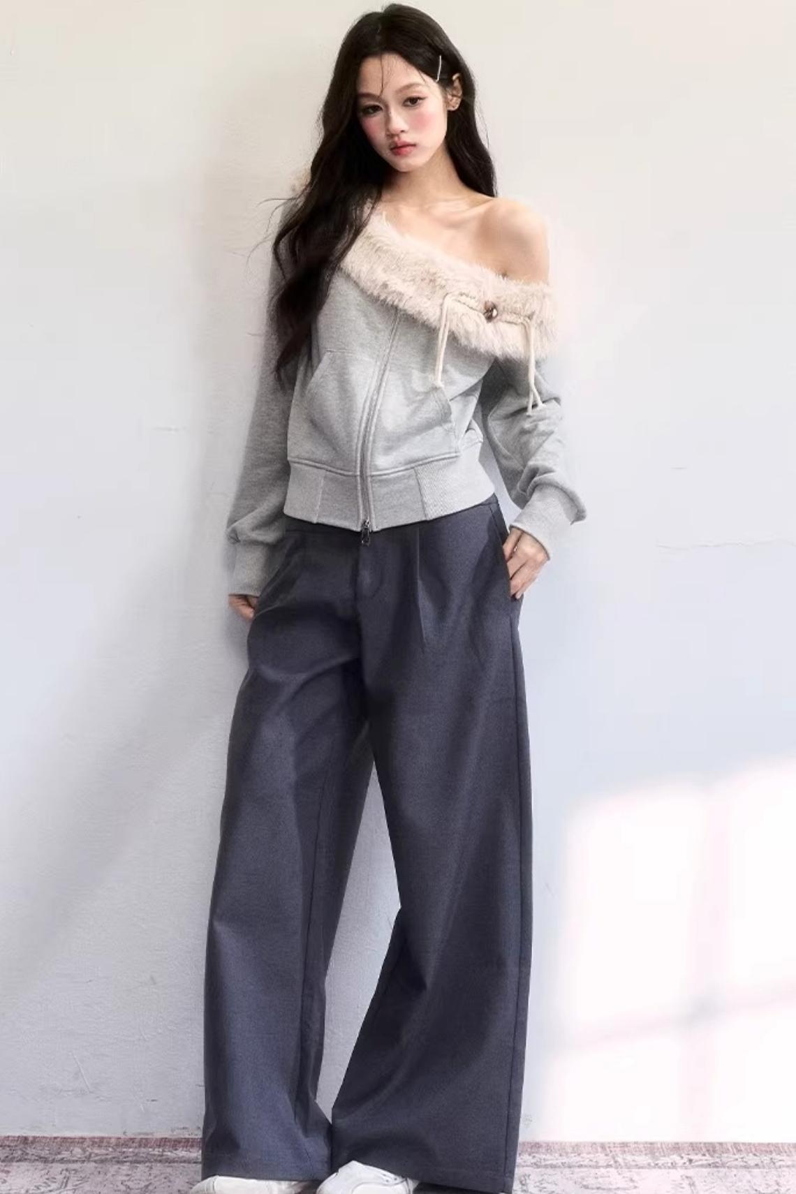 Mist Gray Off-Shoulder Fur Jacket