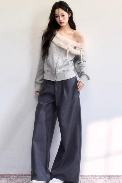 Mist Gray Off-Shoulder Fur Jacket