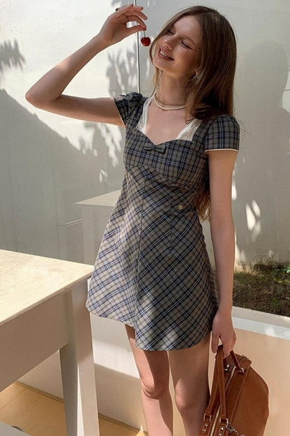 Plaid Lace Bow Short Sleeve Dress