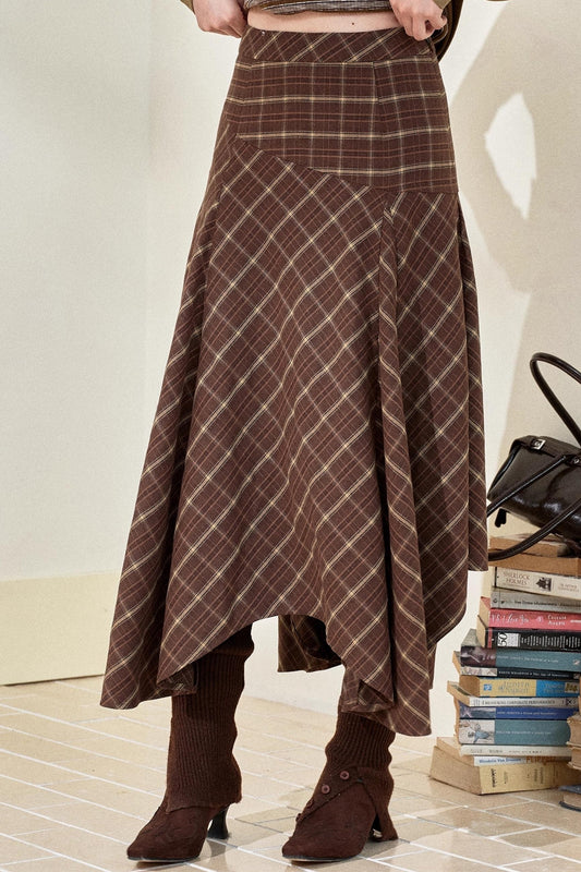 Gray-Brown Two-Tone Plaid Irregular Skirt