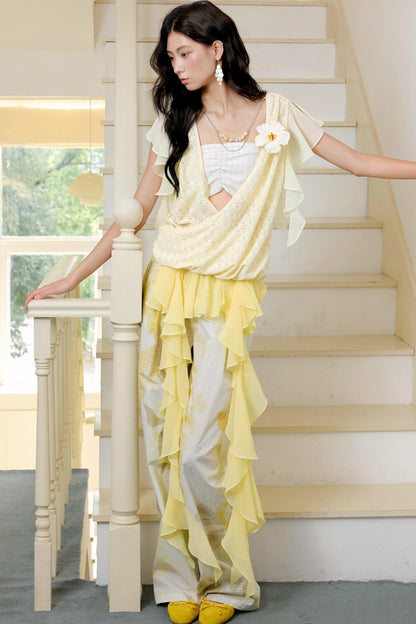 Botanical Ruffle Chiffon Wide-Leg Trousers