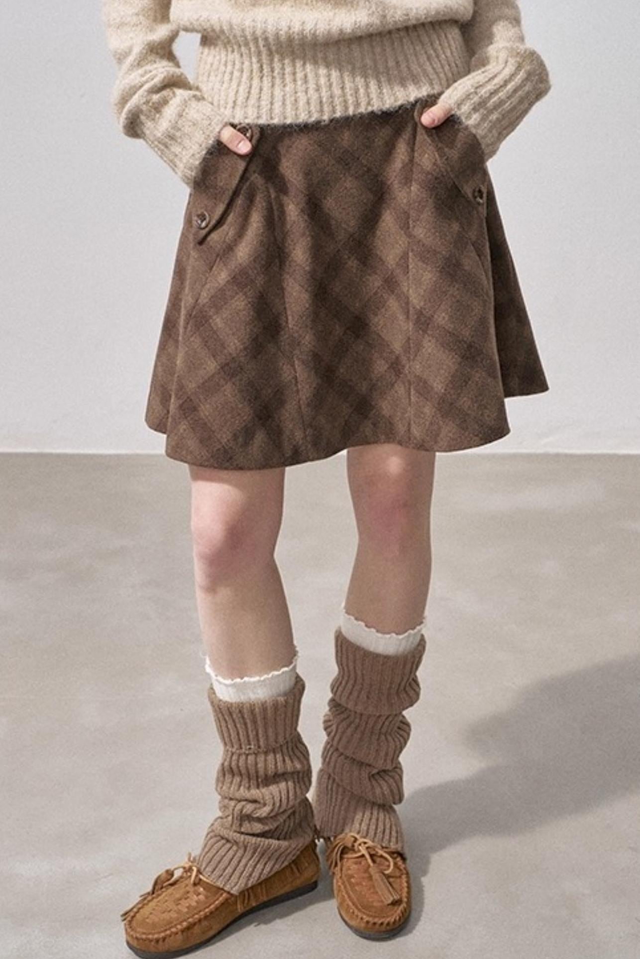 Split Wool Plaid A-Line Skirt