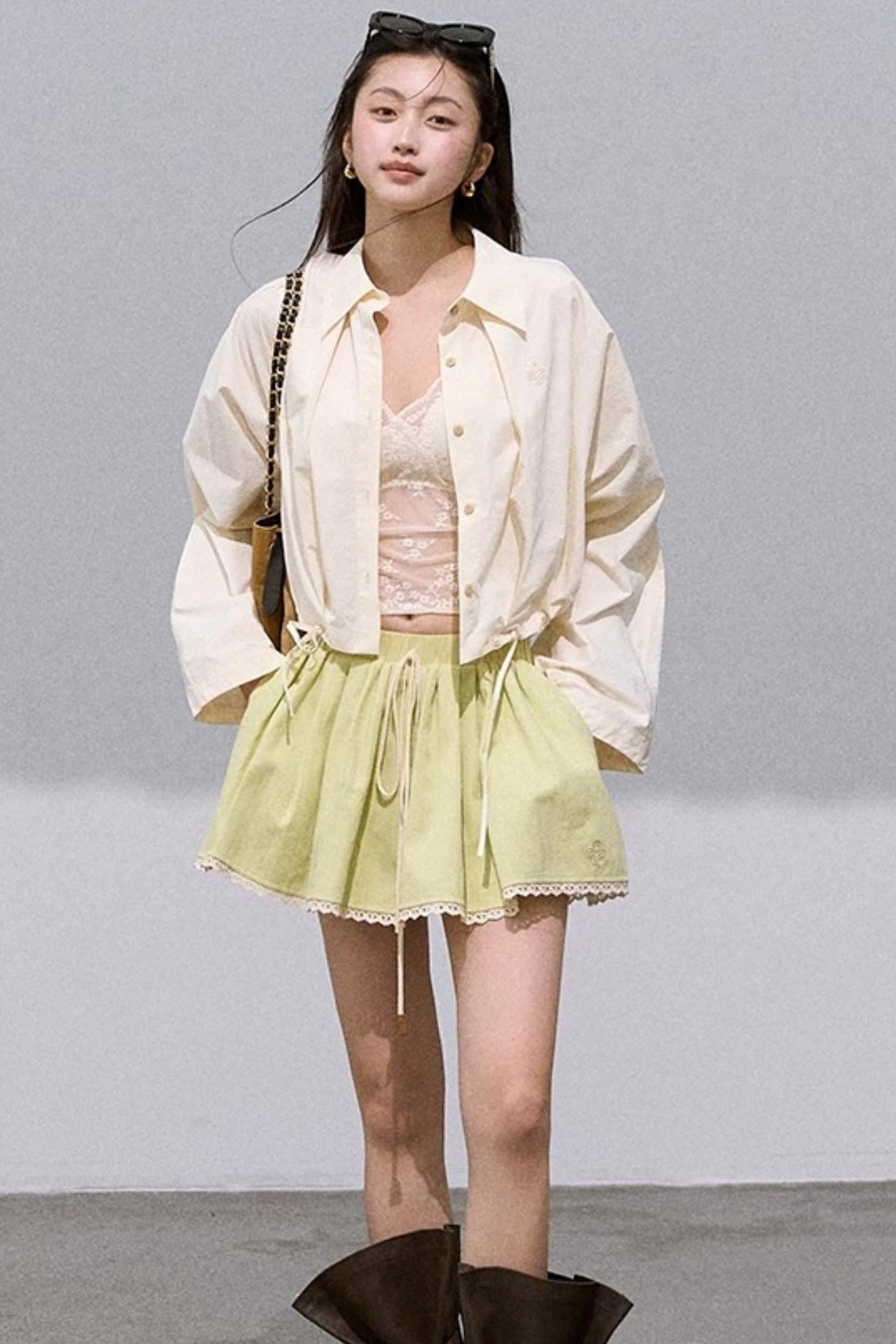 Lace-Up Pinch Pleated Cotton Shirt