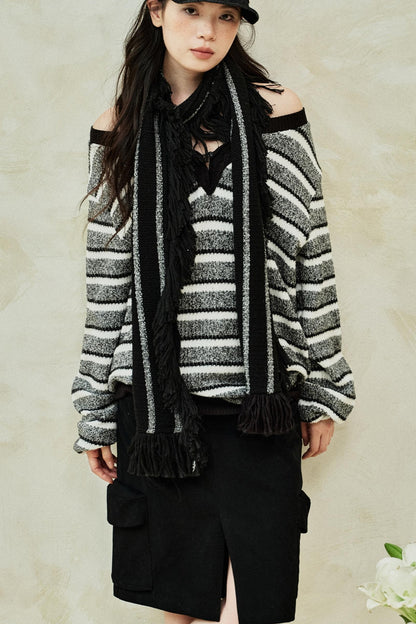 Striped V-Neck Knitted Top & Scarf Set