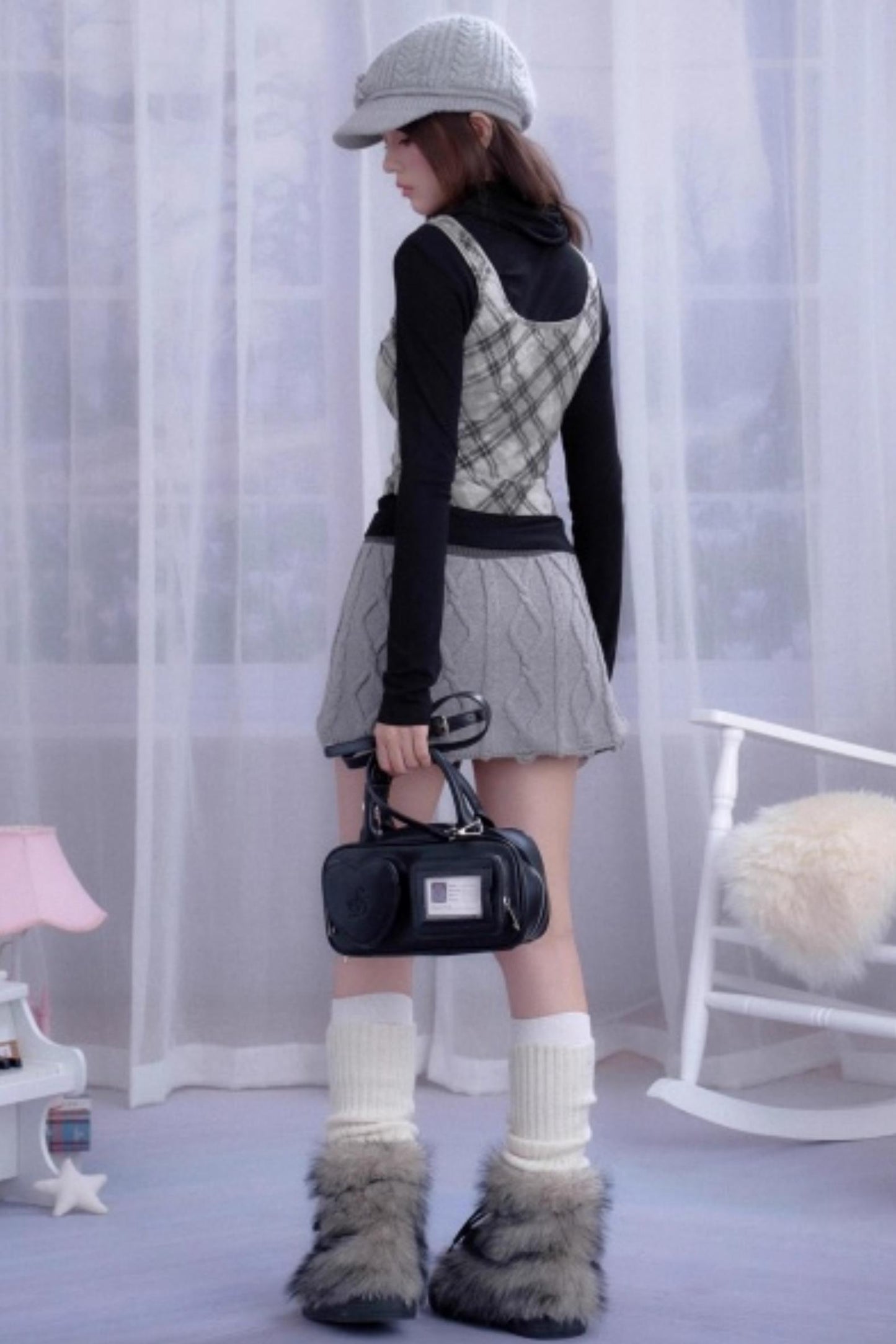 Retro Plaid Turtleneck Fake Two-Piece Top