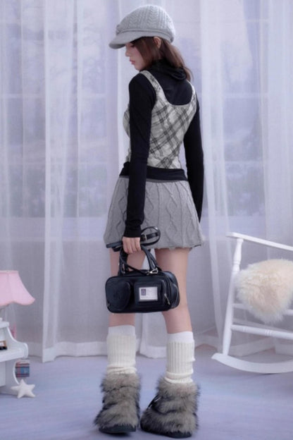 Retro Plaid Turtleneck Fake Two-Piece Top