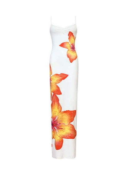 Flower Print Long Slim Suspender Dress