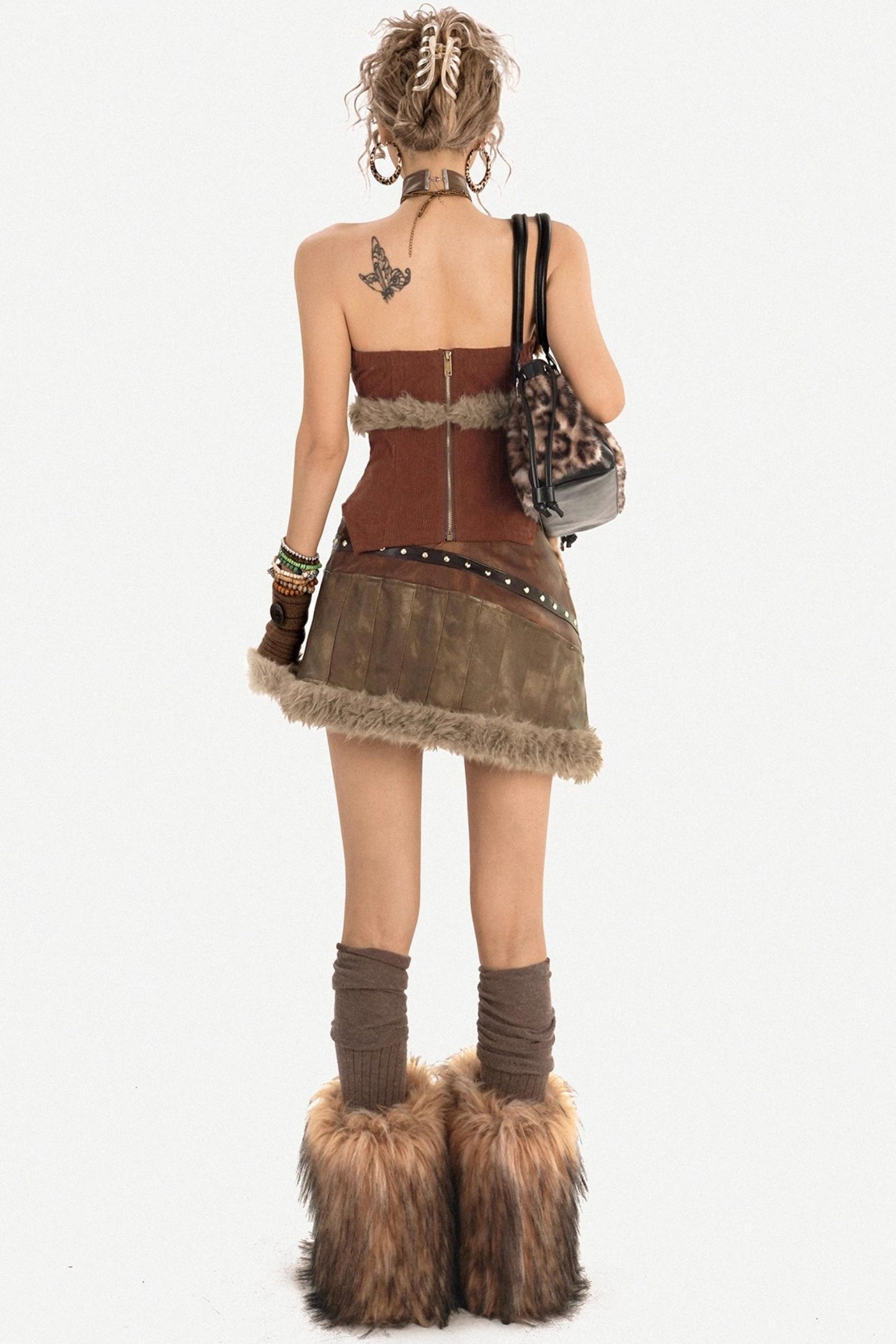 Furry Patchwork Leather Skirt Set-Up
