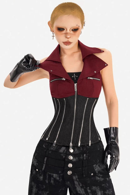 Color-Block Denim Zipper Vest