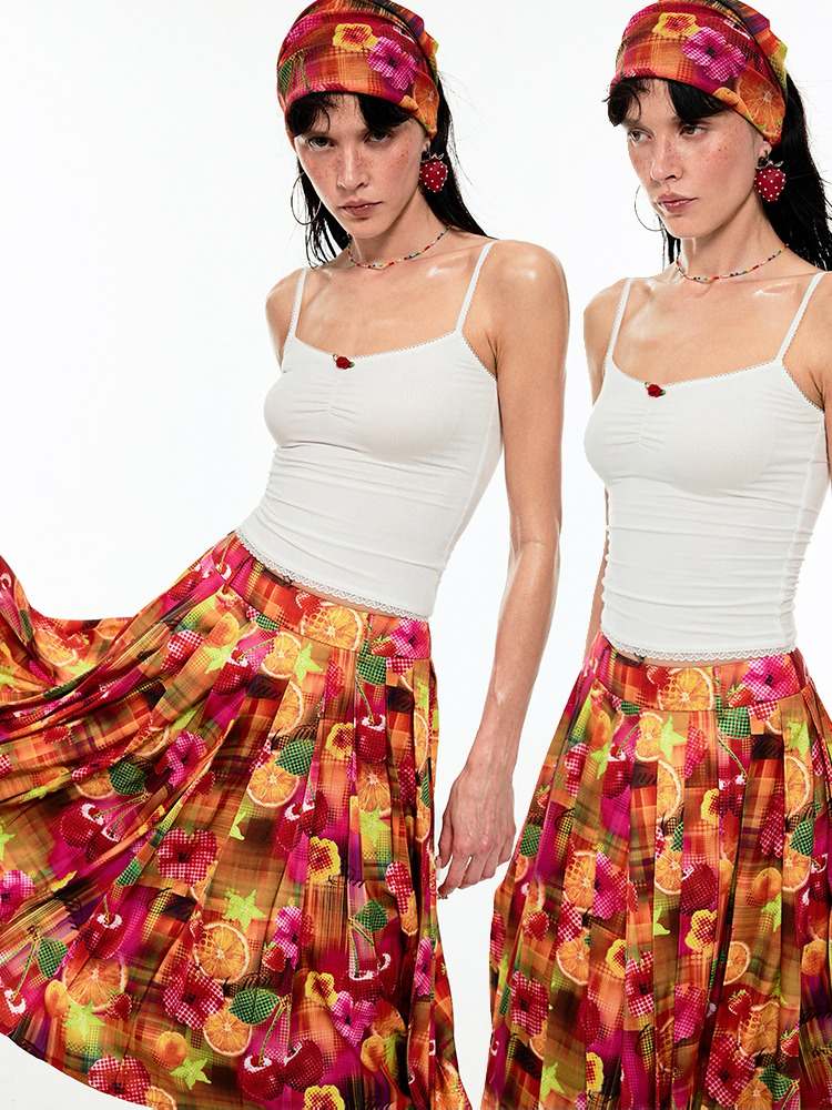 Summer Fruit Dopamine Print Low Waist A-Line Skirt