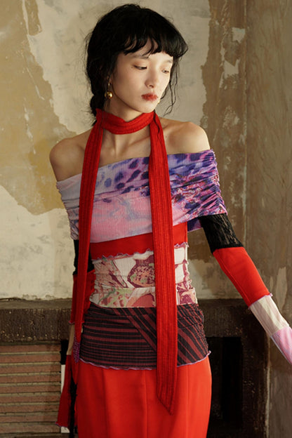 Chinese Print One-Shoulder Top